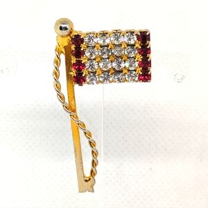 Vintage Rhinestone Brooch Flag Gold Tone Sparkling Clear and Red Crystal Pin
